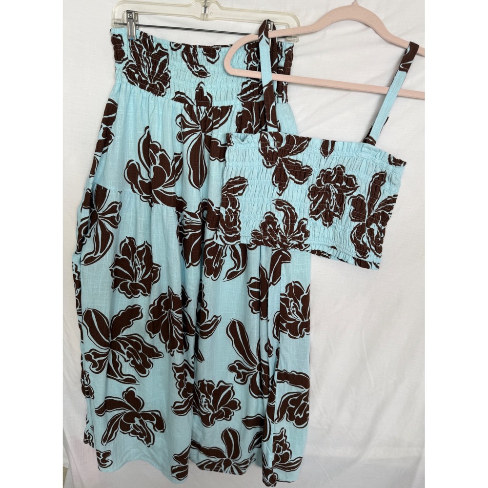 Paper Heart Linen Blend Floral Smocked Crop Top and Maxi Skirt Set Blue Brown M